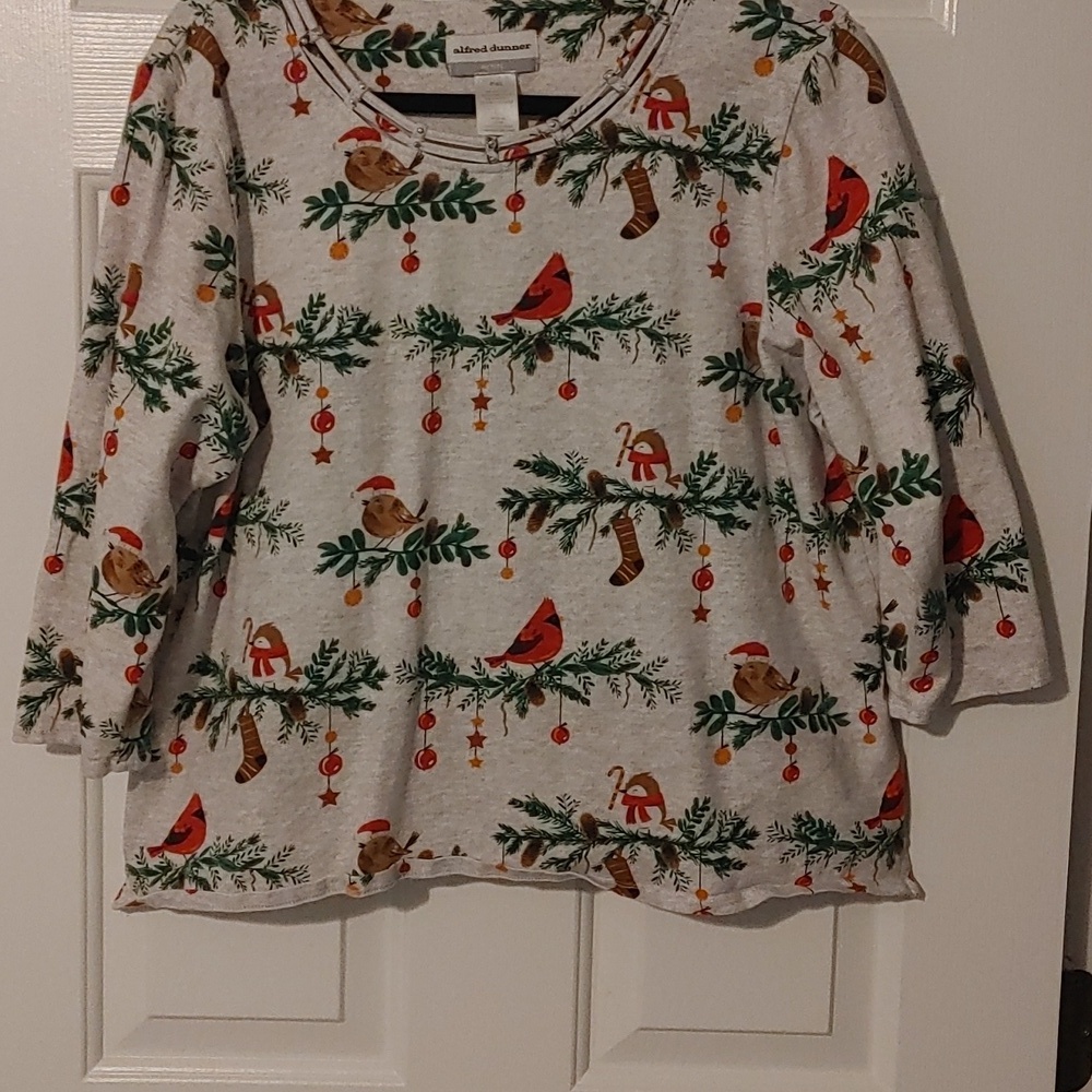 Alfred Dunner Gray Festive Long Sleeve Tee with Red Cardinal Women's XLP Holly